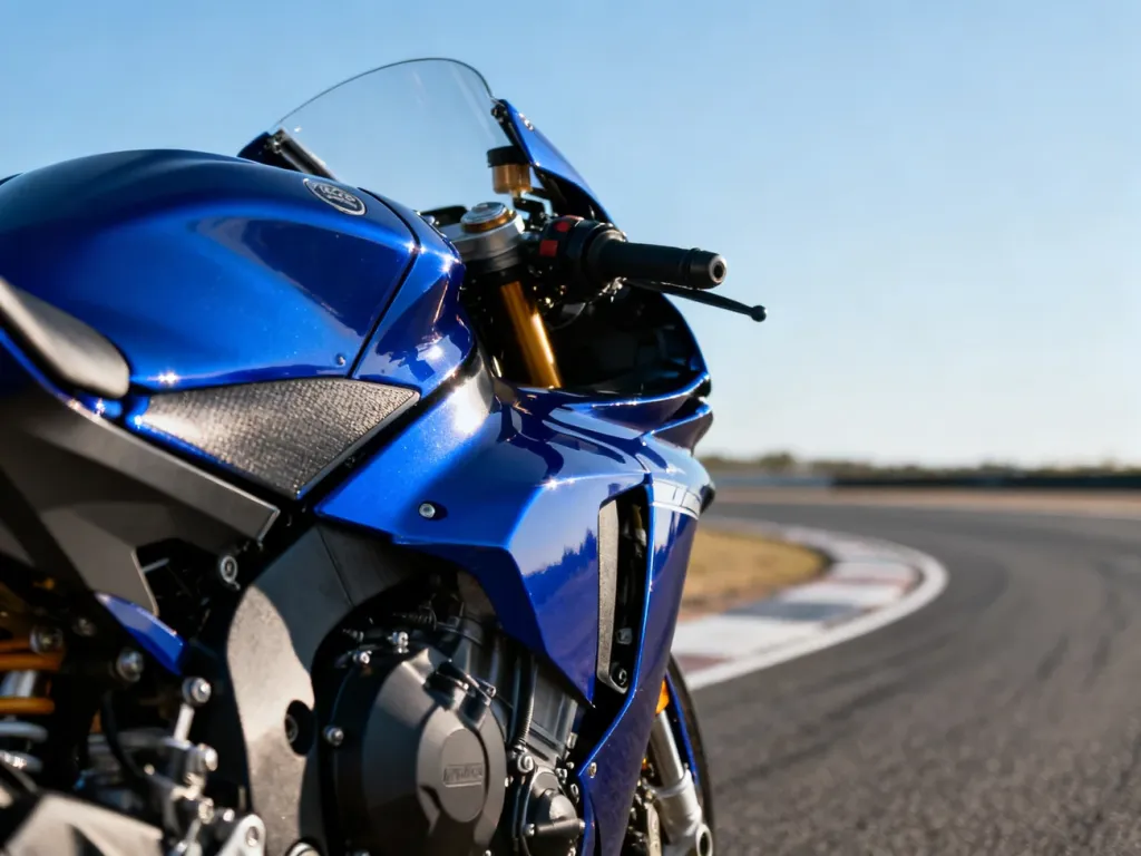 Zbliżenie na zbiornik paliwa i kierownicę niebieskiego motocykla sportowego Yamaha R6 na tle pustego toru wyścigowego.