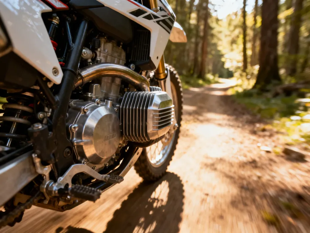 Zbliżenie na silnik motocykla off-road Kayo T4 300 z widocznymi detalami konstrukcyjnymi na tle leśnej ścieżki.