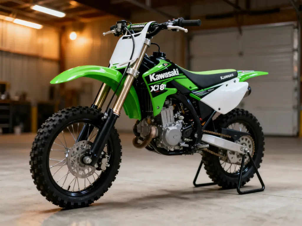 Motocykl crossowy Kawasaki KX 85 w zielono-czarnym malowaniu, zaprezentowany w profesjonalnym studiu.