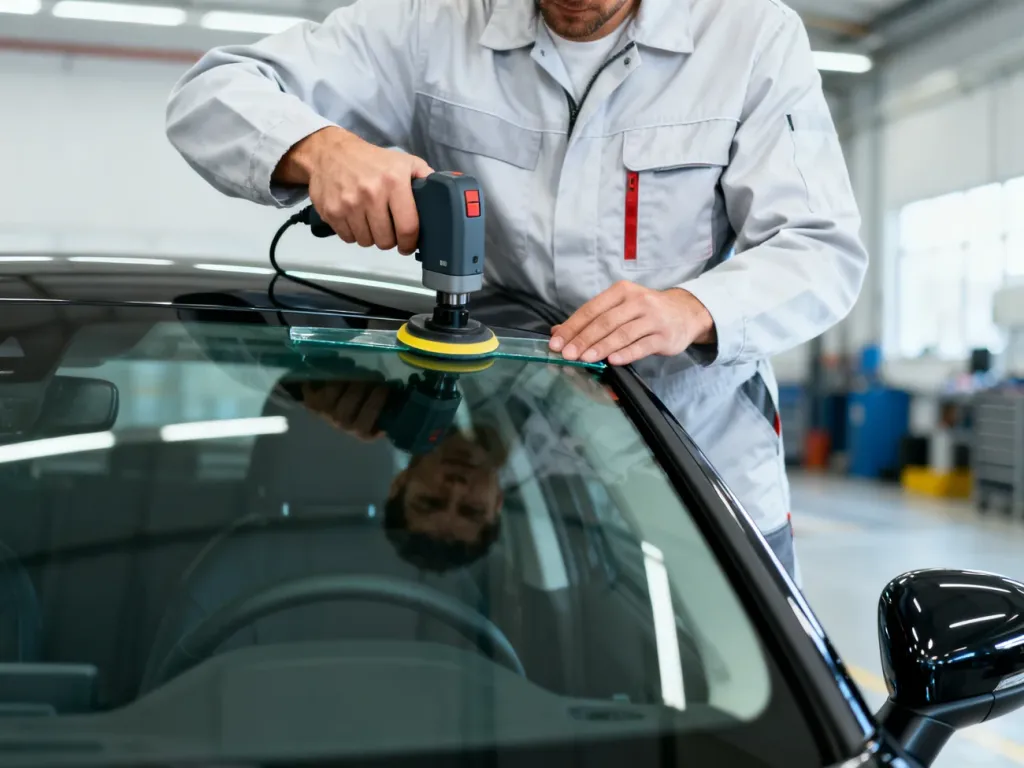 Mechanik precyzyjnie montuje nową szybę przednią w nowoczesnym samochodzie przy użyciu specjalistycznych narzędzi.