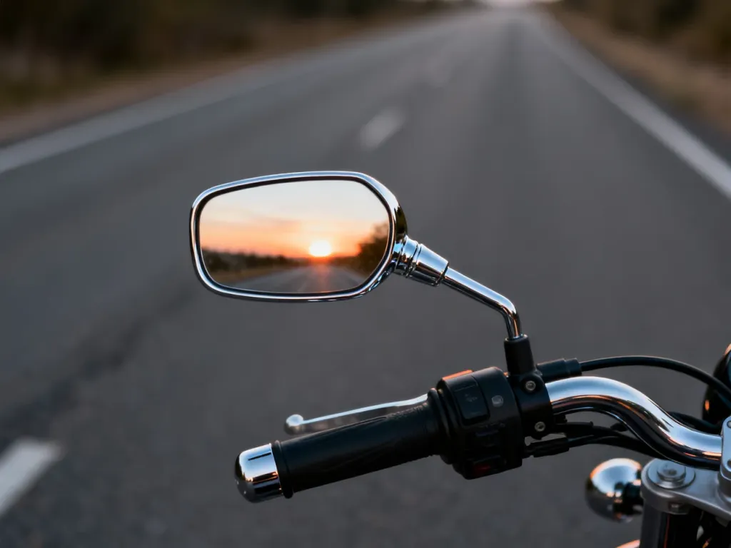 Chromowane lusterko motocyklowe na kierownicy, w którym odbija się droga o zachodzie słońca.