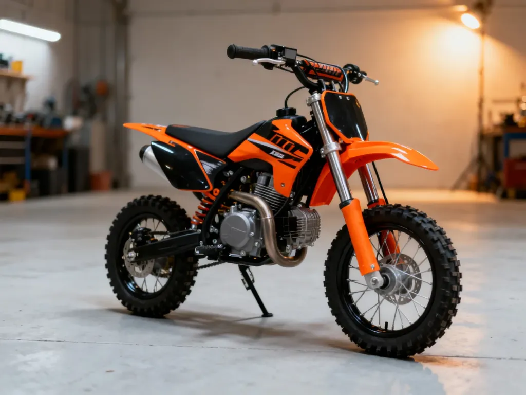 Pomarańczowo-czarny motocykl crossowy KTM 65 ustawiony w profesjonalnym studiu, prezentujący detale konstrukcyjne maszyny.