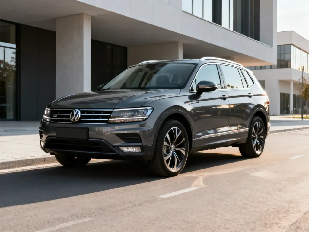 Nowoczesny Volkswagen Tiguan III w kolorze ciemnoszarym zaparkowany na tle współczesnej architektury.