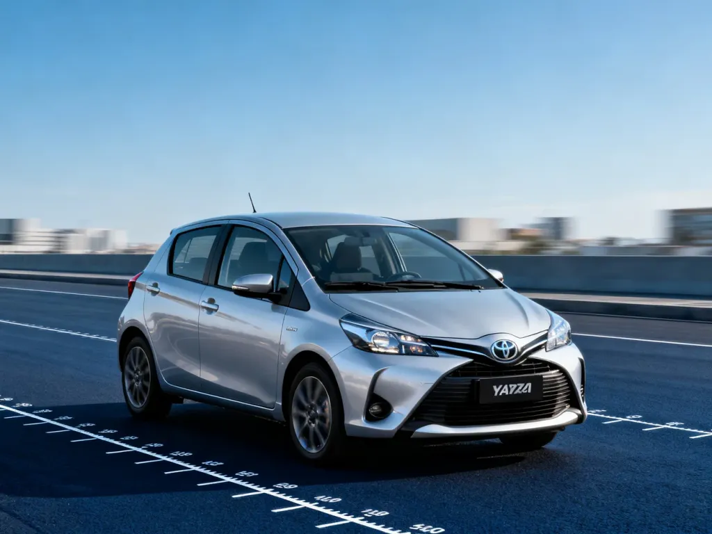 Srebrna Toyota Yaris IV w ujęciu trzy czwarte na tle miejskiej architektury, prezentująca kompaktową sylwetkę modelu.