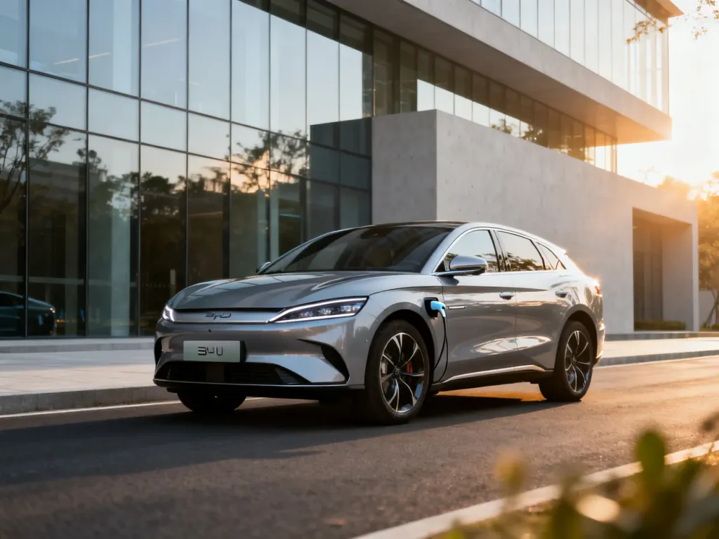 Elektryczny SUV BYD Seal U zaparkowany na tle nowoczesnego budynku w świetle poranka.