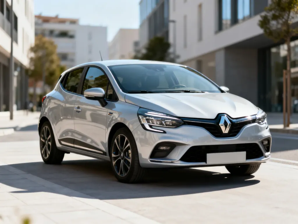 Renault Clio V zaparkowane na nowoczesnej europejskiej ulicy, prezentujące kompaktową sylwetkę i charakterystyczny design.