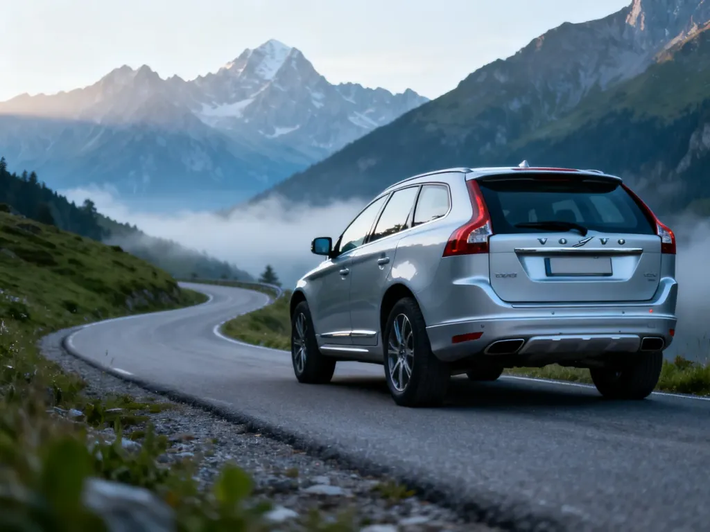 Srebrne Volvo XC60 pierwszej generacji zaparkowane na tle malowniczej górskiej drogi w otoczeniu alpejskich szczytów.