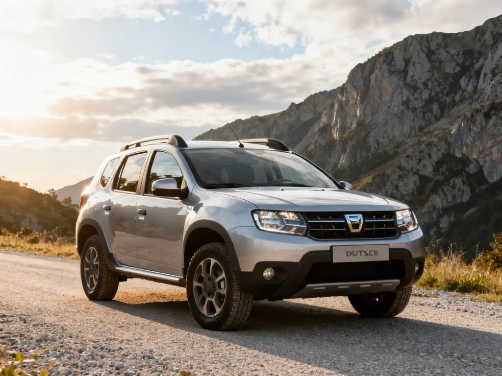 Dacia Duster drugiej generacji zaparkowana na żwirowej drodze w otoczeniu górskiego krajobrazu.