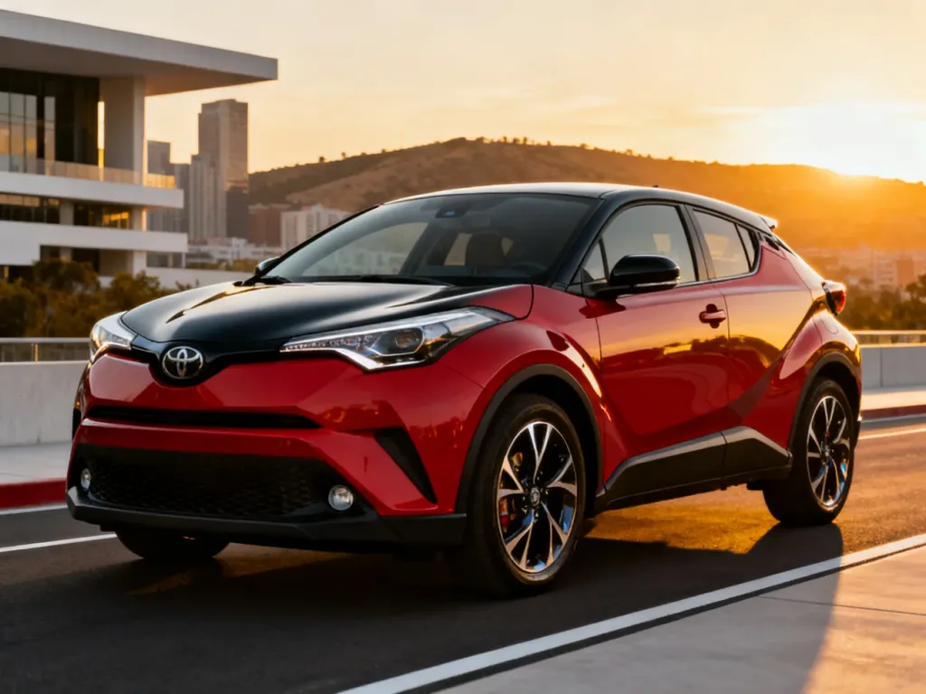 Nowa Toyota C-HR II zaparkowana na tle nowoczesnej architektury miejskiej w świetle zachodzącego słońca.
