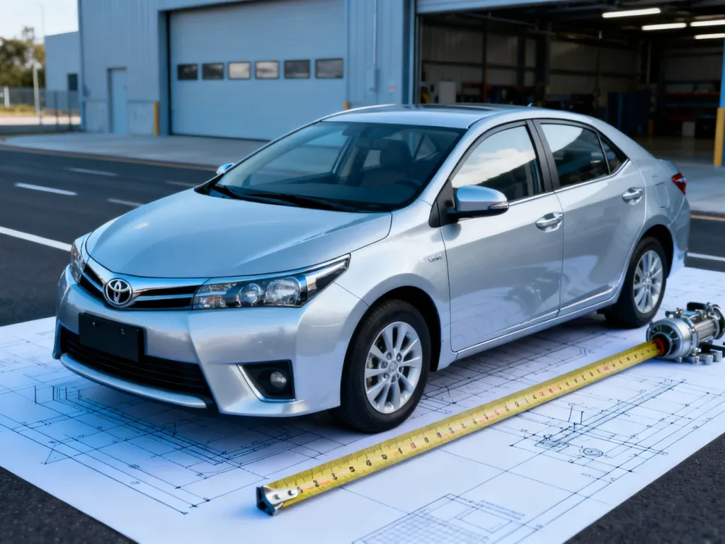 Srebrna Toyota Corolla E15 w ujęciu trzy czwarte na tle technicznych schematów i miarki, podkreślająca wymiary modelu.