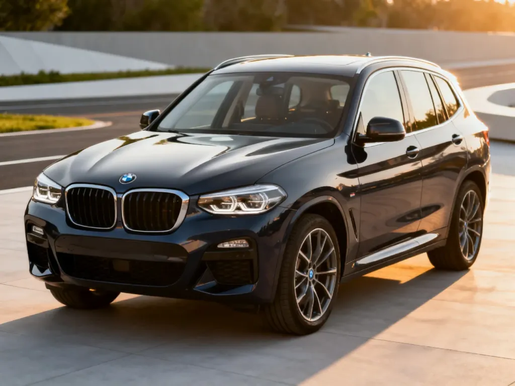 Nowoczesny SUV BMW X3 G01 zaparkowany w plenerze w świetle późnego popołudnia, prezentujący sylwetkę i design nadwozia.