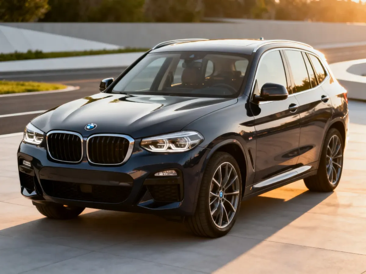 Nowoczesny SUV BMW X3 G01 zaparkowany w plenerze w świetle późnego popołudnia, prezentujący sylwetkę i design nadwozia.