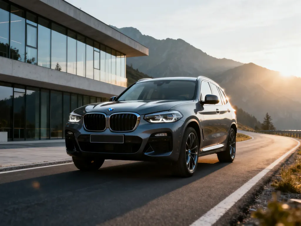 Nowoczesny BMW X3 G45 zaparkowany na górskiej drodze w porannym świetle, prezentujący proporcje i design modelu.