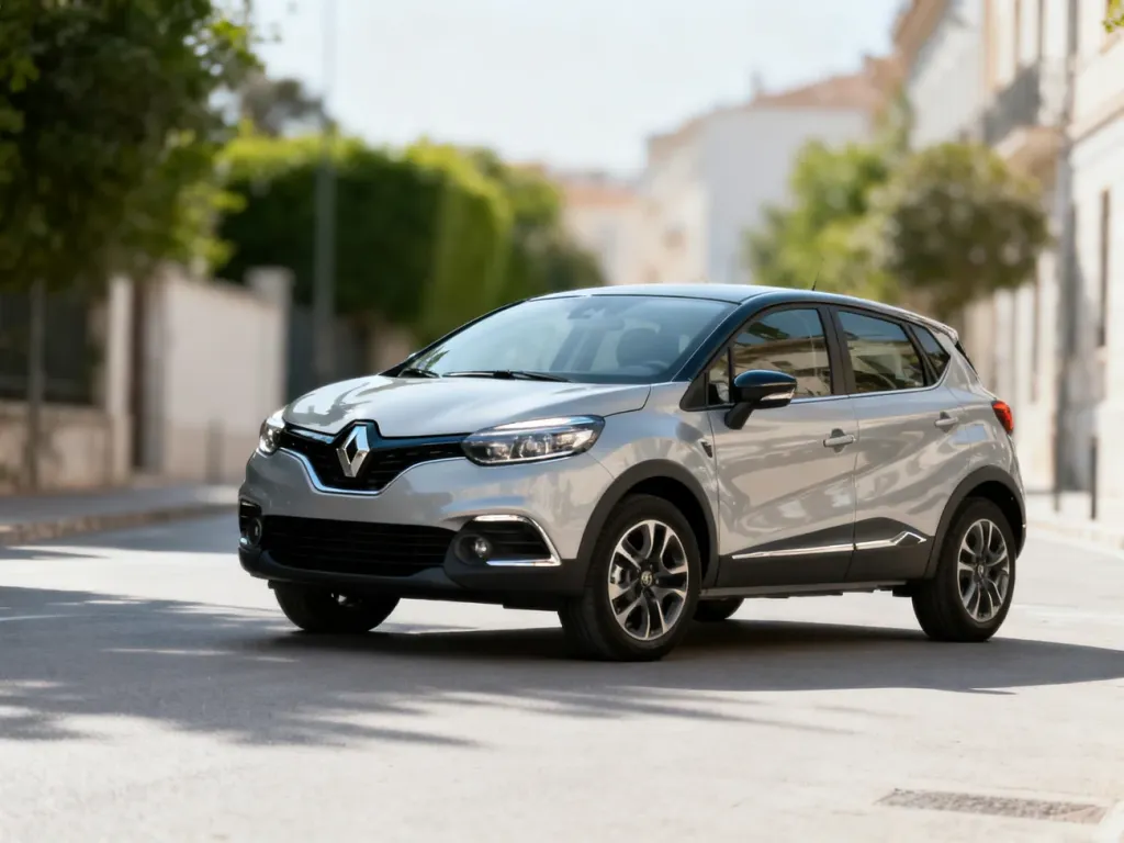 Renault Captur pierwszej generacji zaparkowany na miejskiej ulicy, prezentujący swoje kompaktowe wymiary i sylwetkę.