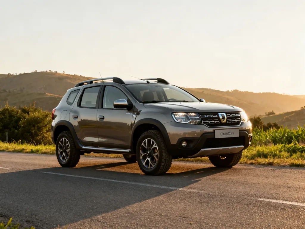 Nowa Dacia Duster 3 zaparkowana na wiejskiej drodze, prezentująca swoją nowoczesną i solidną sylwetkę w świetle popołudnia.