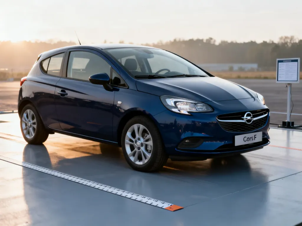 Ciemnoniebieski Opel Corsa F zaparkowany na torze testowym, prezentujący nowoczesną sylwetkę i kompaktowe wymiary nadwozia.