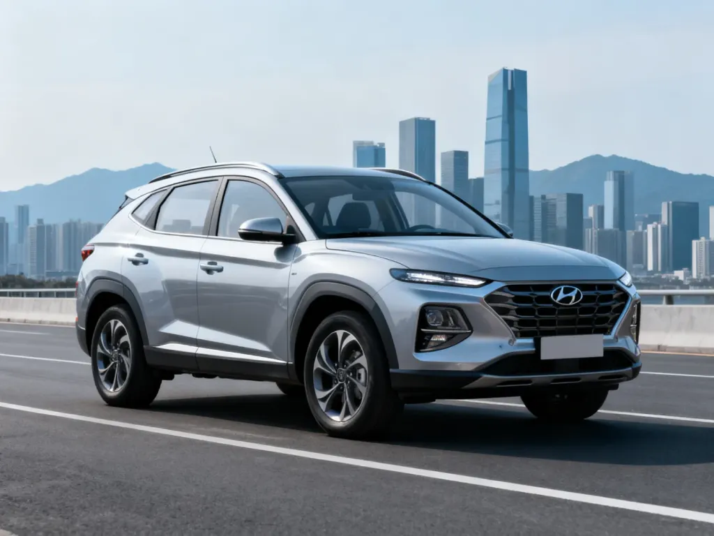 Srebrny Hyundai Tucson IV na tle nowoczesnego miasta i gór, prezentujący dynamiczną sylwetkę samochodu.