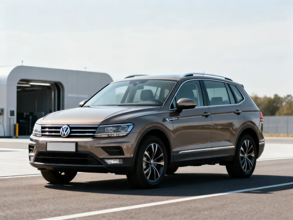 Volkswagen Tiguan II zaparkowany na drodze, prezentujący proporcje i sylwetkę nadwozia w świetle dziennym.