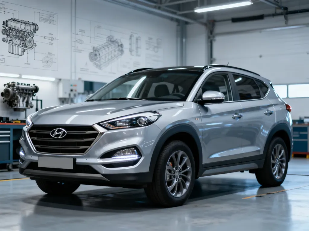 Srebrny Hyundai Tucson III w ujęciu z przodu na tle profesjonalnego warsztatu samochodowego.