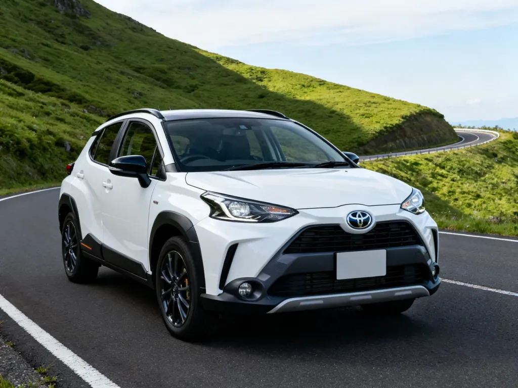Toyota Yaris Cross zaparkowana na krętej górskiej drodze w otoczeniu zielonych wzgórz.