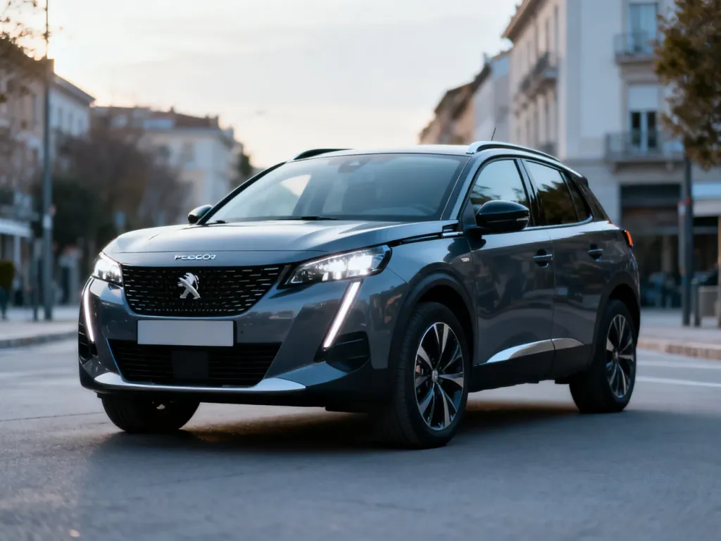 Nowoczesny crossover Peugeot 2008 II zaparkowany na miejskiej ulicy, prezentujący charakterystyczny design przedniego pasa.