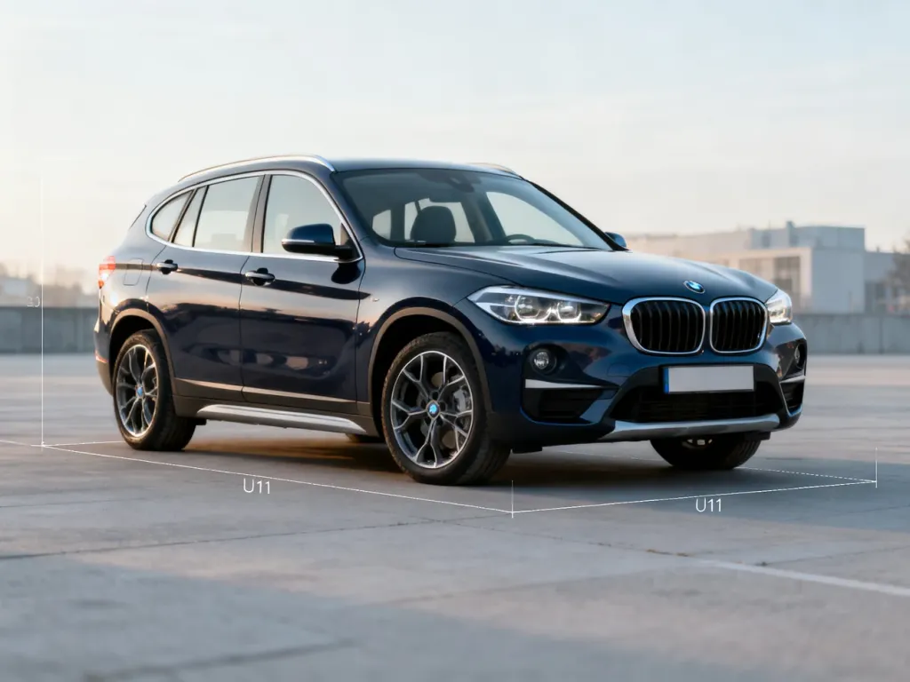 Nowoczesne BMW X1 U11 zaparkowane na placu, z naniesionymi subtelnymi liniami pomiarowymi prezentującymi wymiary pojazdu.