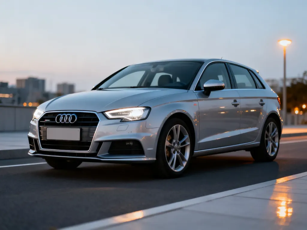 Srebrne Audi A3 8V zaparkowane na nowoczesnej drodze w wieczornym świetle, prezentujące dynamiczną sylwetkę hatchbacka.