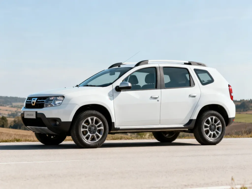 Biała Dacia Duster pierwszej generacji zaparkowana na drodze, ukazująca proporcje i sylwetkę samochodu z profilu.