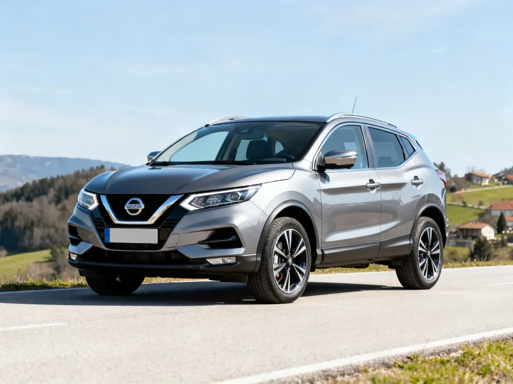 Srebrny Nissan Qashqai II zaparkowany na drodze, prezentujący nowoczesną sylwetkę kompaktowego SUV-a.