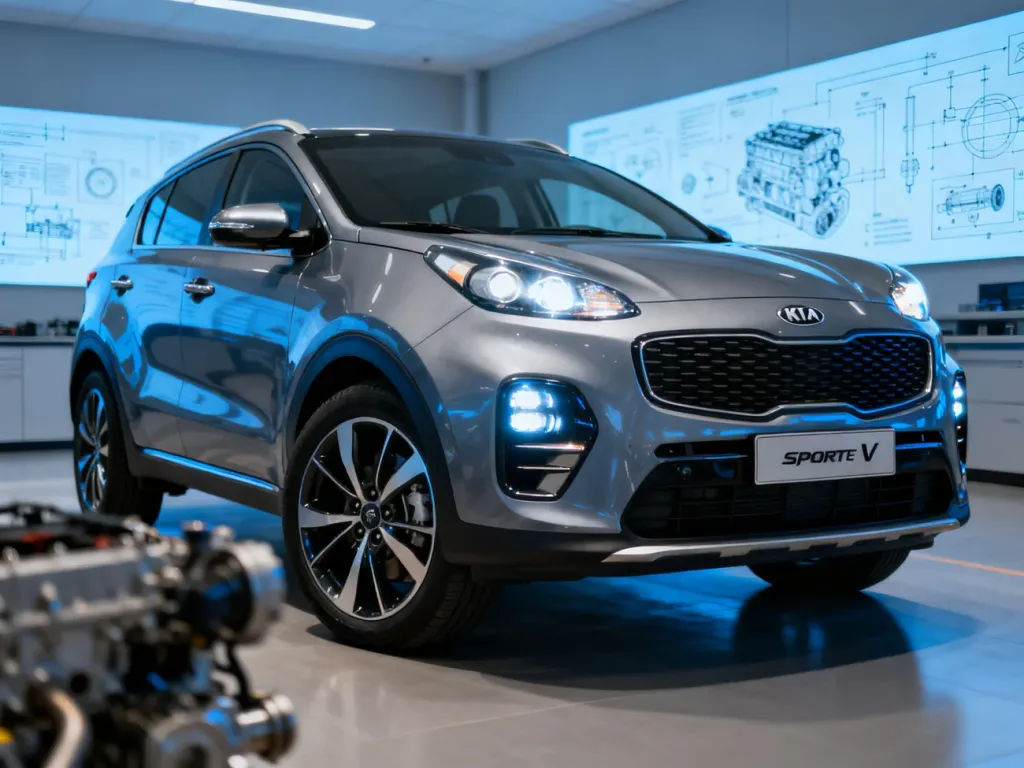 Nowoczesna Kia Sportage V w ujęciu z przodu, prezentująca dynamiczny design i detale nadwozia w profesjonalnym studiu.