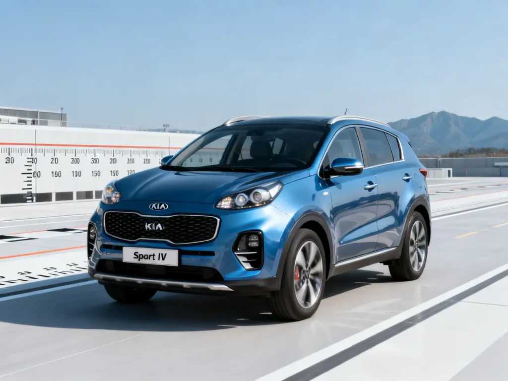 Kia Sportage IV w kolorze niebieskim zaparkowana na drodze testowej, prezentująca sylwetkę i detale nadwozia.