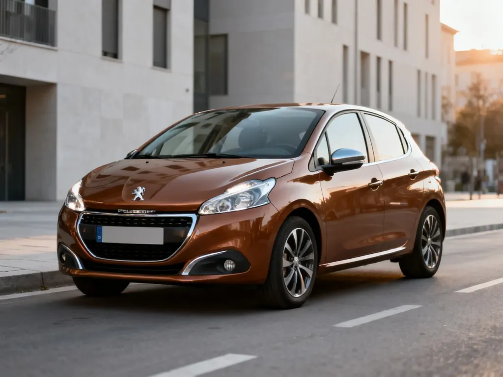 Pięciodrzwiowy Peugeot 208 pierwszej generacji zaparkowany na nowoczesnej europejskiej ulicy.