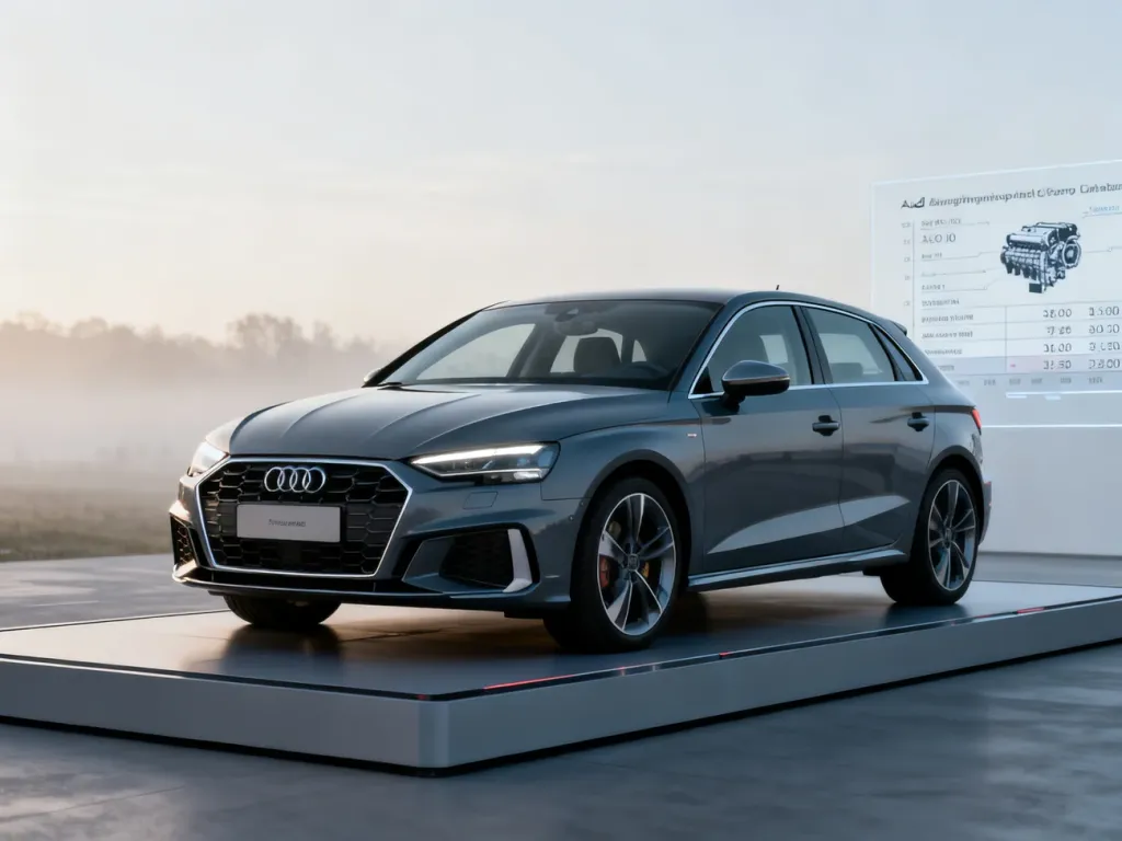 Audi A3 8Y w ujęciu 3/4 na tle minimalistycznej grafiki technicznej, prezentujące nowoczesny design kompaktowego modelu.