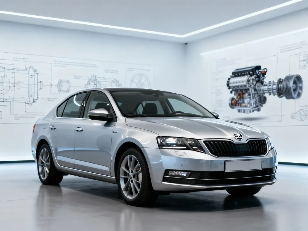 Srebrna Skoda Octavia IV w ujęciu z przodu, prezentująca nowoczesną sylwetkę i detale nadwozia w profesjonalnym studiu.