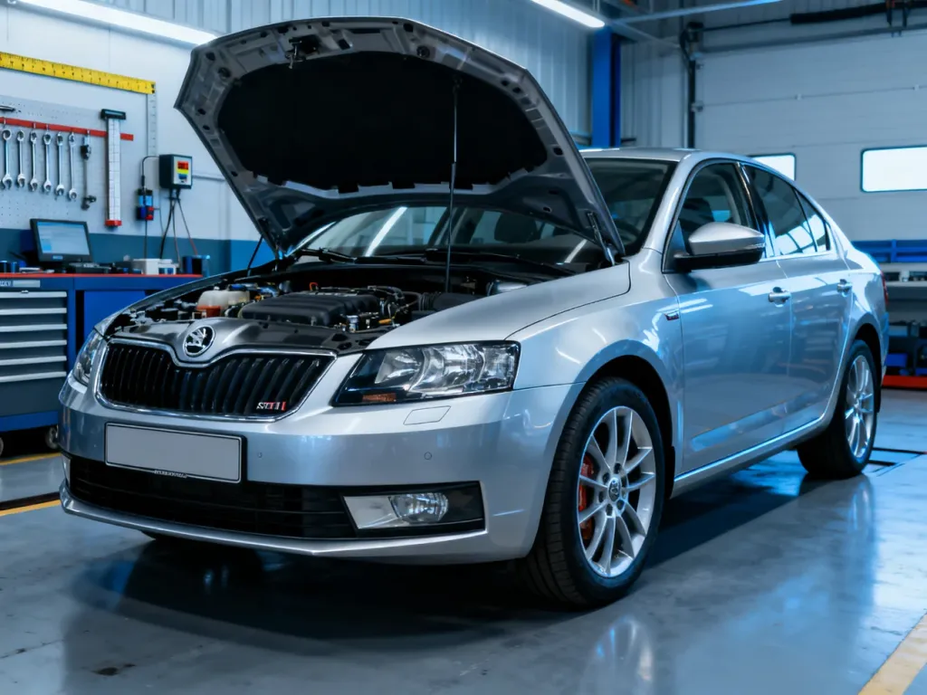 Srebrna Skoda Octavia II w ujęciu z przodu na tle warsztatu, prezentująca detale nadwozia i otwartą maskę silnika.