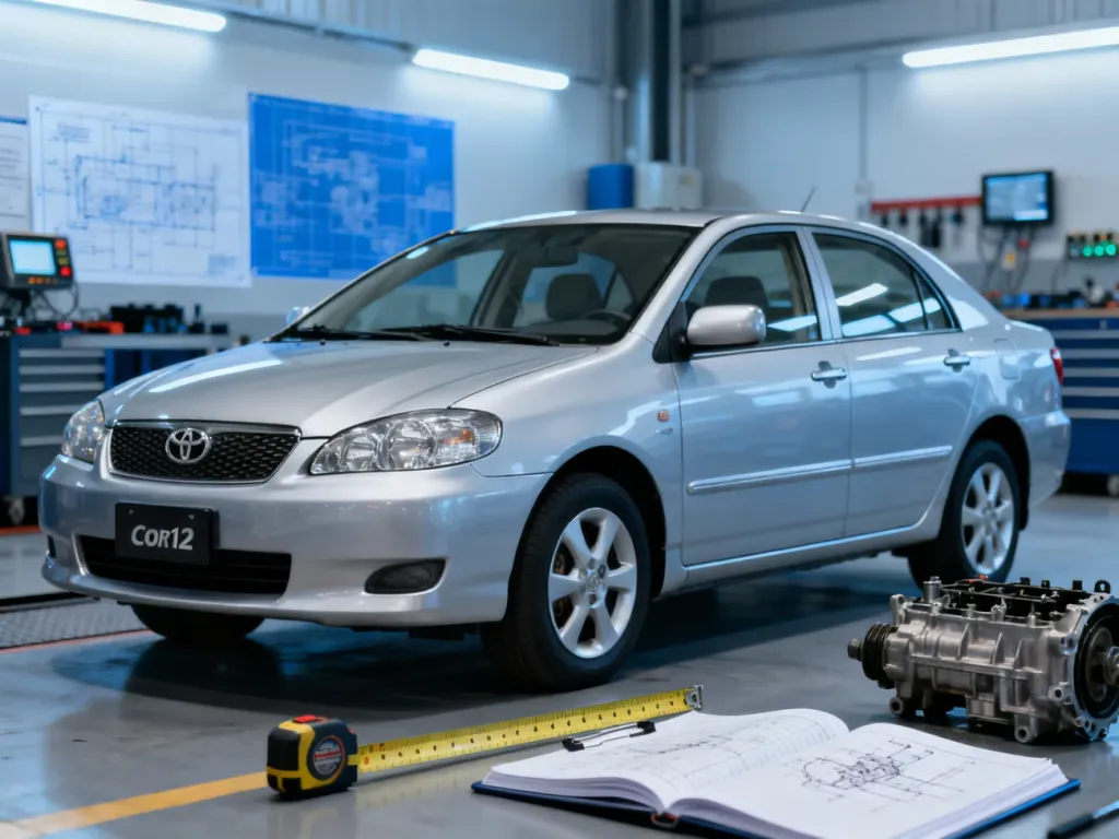 Srebrna Toyota Corolla E12 obok przyrządów pomiarowych i części silnikowych w profesjonalnym warsztacie.