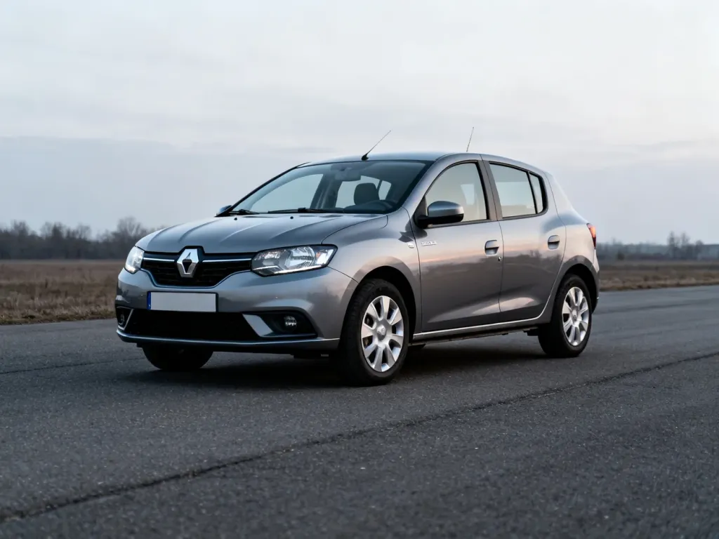 Nowoczesna Dacia Sandero III zaparkowana na pustej drodze. Widok z przodu prezentujący proporcje i sylwetkę nadwozia.