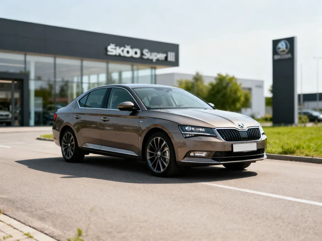 Skoda Superb III zaparkowana przed nowoczesnym salonem, prezentująca elegancką sylwetkę i proporcje nadwozia.