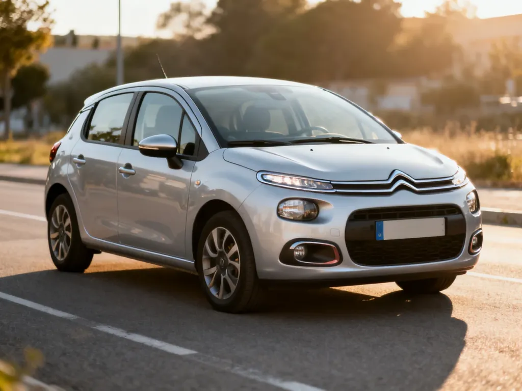 Srebrny Citroën C3 III zaparkowany na utwardzonej drodze, prezentujący nowoczesną sylwetkę i kompaktowe wymiary auta.