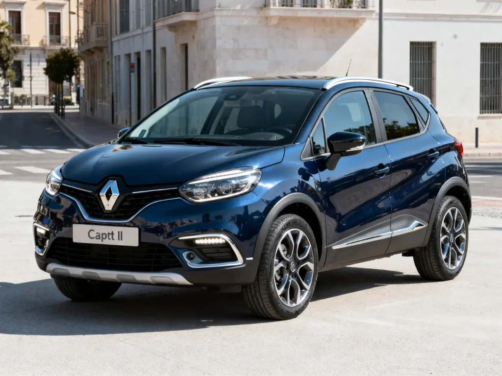 Granatowy Renault Captur II zaparkowany na miejskiej ulicy, prezentujący nowoczesną sylwetkę kompaktowego crossovera.