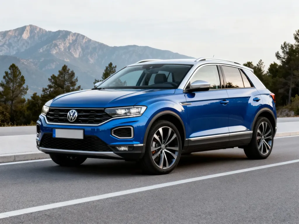Volkswagen T-Roc w kolorze srebrnym zaparkowany na nowoczesnej drodze na tle górskiego krajobrazu.