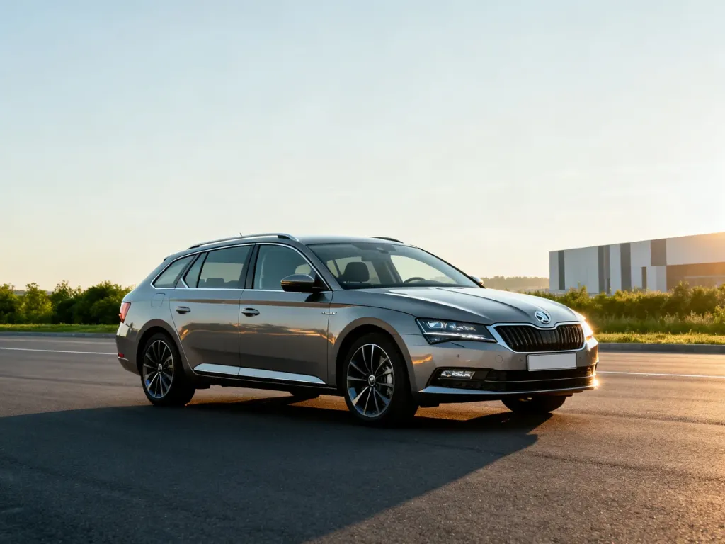 Nowa Skoda Superb czwartej generacji zaparkowana na drodze, prezentująca elegancką sylwetkę nadwozia w świetle poranka.