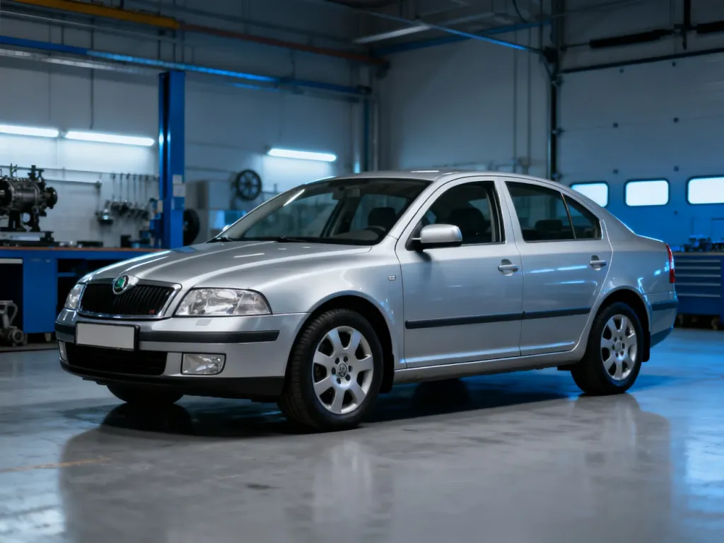 Srebrna Skoda Octavia pierwszej generacji w ujęciu trzy czwarte na tle profesjonalnego warsztatu samochodowego.