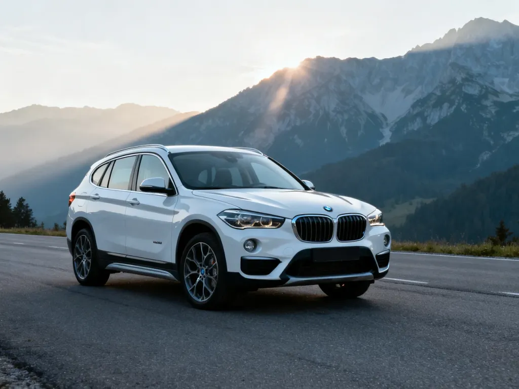 Białe BMW X1 F48 zaparkowane na pustej drodze w górskiej scenerii, prezentujące sylwetkę kompaktowego SUV-a.