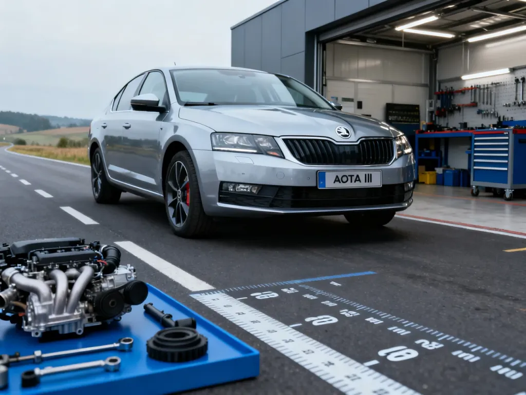 Skoda Octavia III zaparkowana w nowoczesnym garażu z widocznymi elementami silnika i oznaczeniami technicznymi.