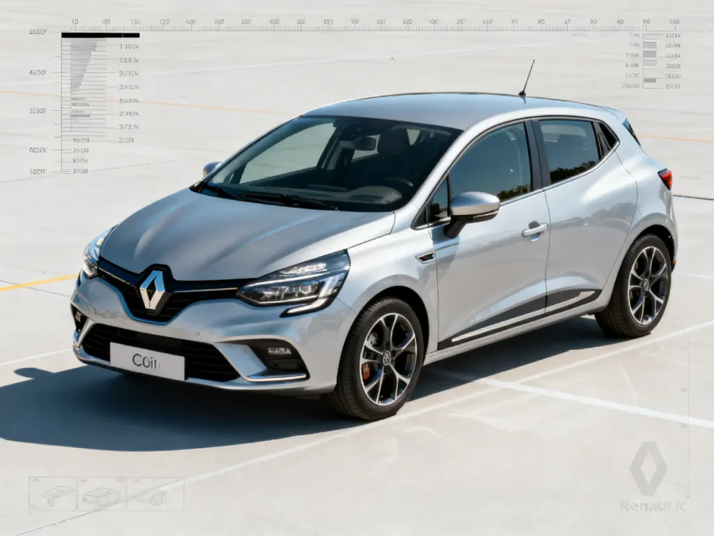 Srebrny Renault Clio IV zaparkowany na torze testowym, prezentujący nowoczesną sylwetkę i kompaktowe wymiary nadwozia.