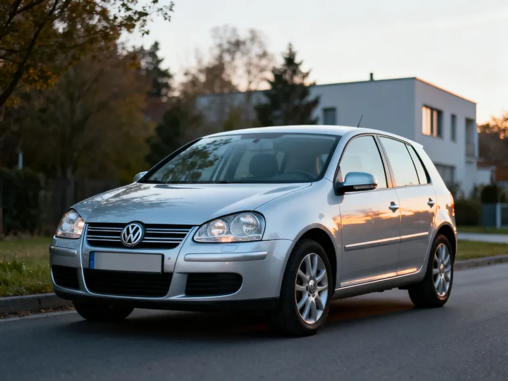 Srebrny Volkswagen Golf 5 zaparkowany na poboczu drogi, ukazujący sylwetkę i proporcje nadwozia typu hatchback.