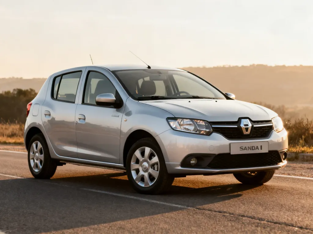 Srebrny hatchback Dacia Sandero II zaparkowany na drodze, prezentujący kompaktowe wymiary i sylwetkę pojazdu.