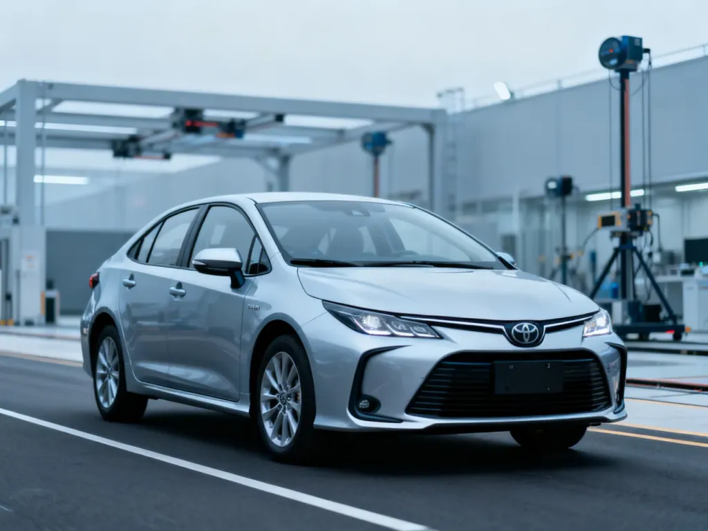 Srebrna Toyota Corolla E21 na torze testowym, prezentująca aerodynamiczną sylwetkę i nowoczesny design modelu.