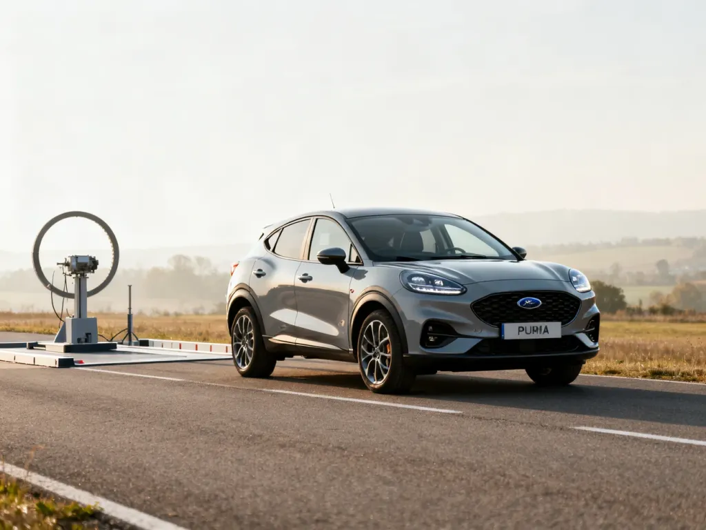 Nowoczesny Ford Puma zaparkowany na drodze, prezentujący sylwetkę kompaktowego crossovera w świetle dziennym.